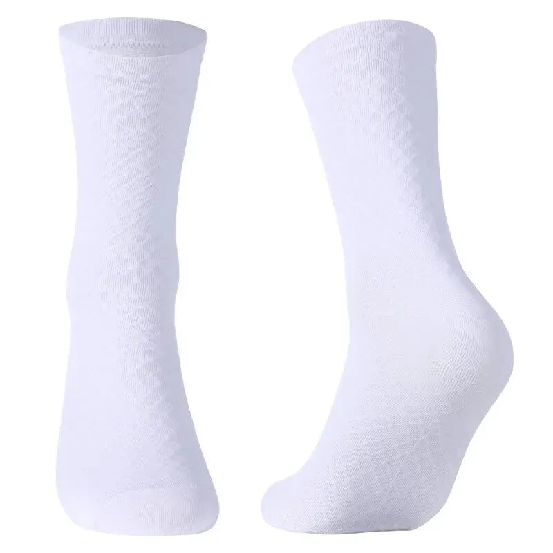 Unisex knee high athletic road bike socks in clean white color featuring moisture wicking mesh design