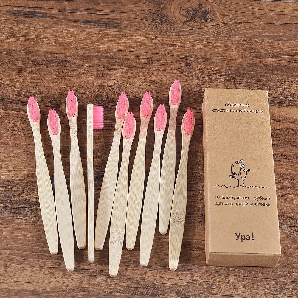 10PCS Bamboo Toothbrush Set Soft Charcoal Bristle Eco Dental Care