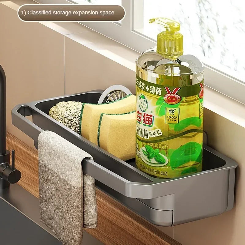 Self-Draining Kitchen Sink Organizer Sponge & Soap Faucet Shelf