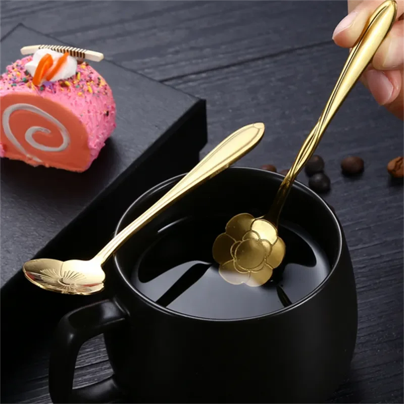 8PCS Gold Cherry Rose Stainless Steel Coffee Spoon Set