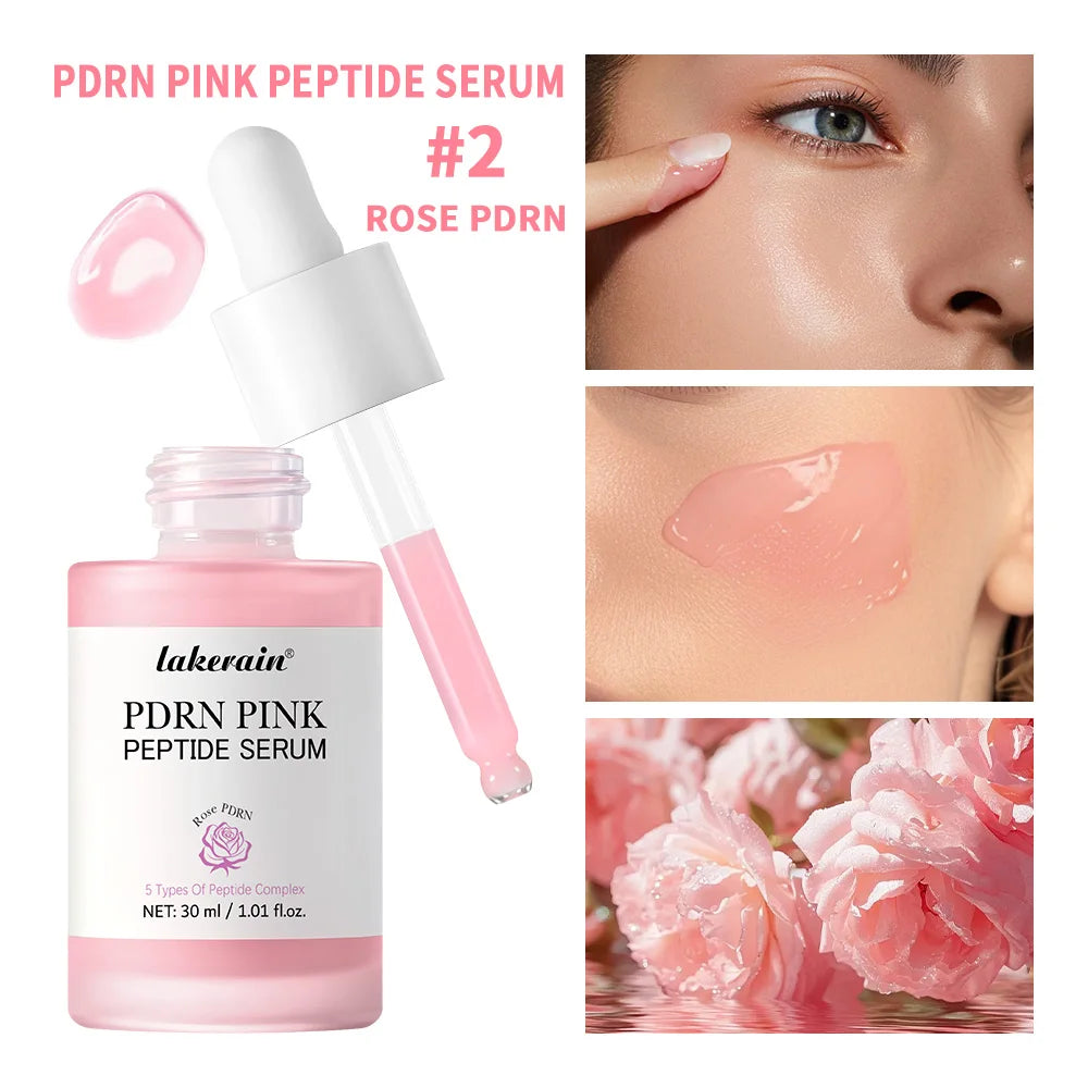 Lakerain PDRN Pink Peptide Serum in a 30 ml glass bottle with a dropper, shown alongside close-up photos of a woman's face showing a glowing complexion and a pink gel swatch, with pink rose imagery at the bottom.