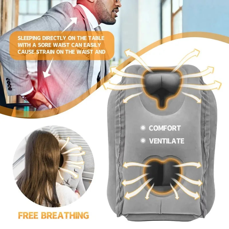 Gray neck pillow with ventilation design, shown with a person using it and text highlighting benefits.