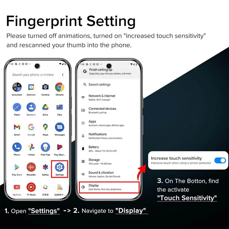 Instructions for enabling increased touch sensitivity on a smartphone screen.