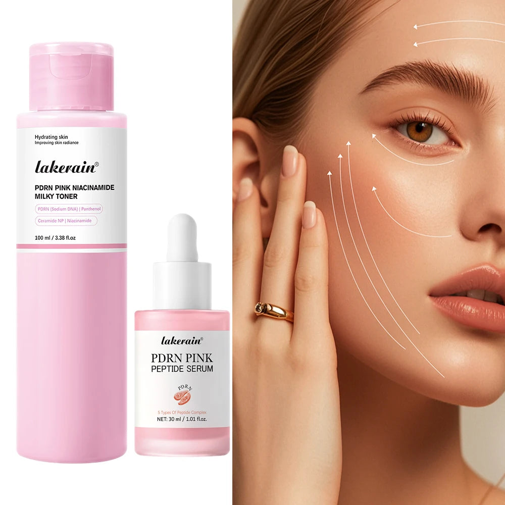 Beauty brand Lakerain skincare set featuring a pink toner bottle and a pink peptide serum dropper bottle, shown alongside a close-up of a woman's face with white arrow graphics indicating skincare treatment areas.