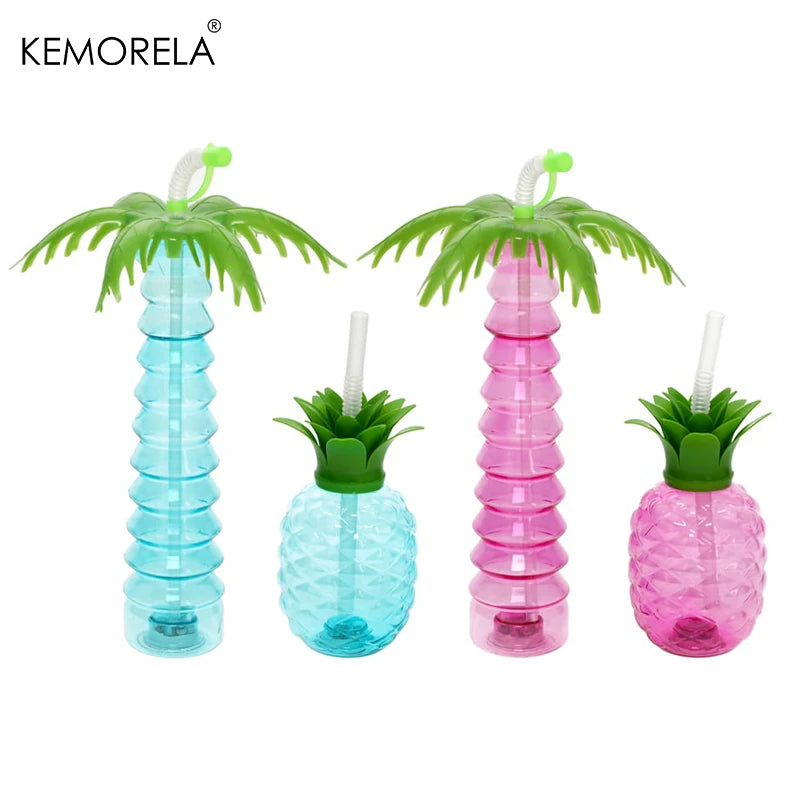 Tropical Theme Plastic Cup Pineapple & Coconut Tree Bottle with Straw