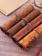 Vintage Treasure Map Pencil Case Leather Roll Stationery Bag