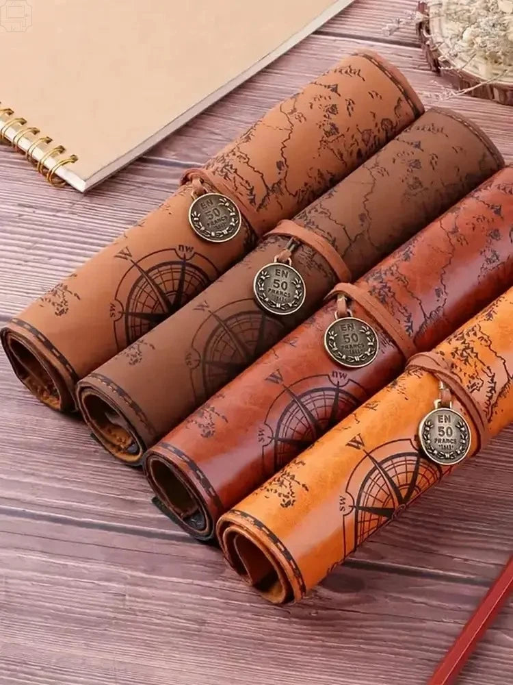 Vintage Treasure Map Pencil Case Leather Roll Stationery Bag