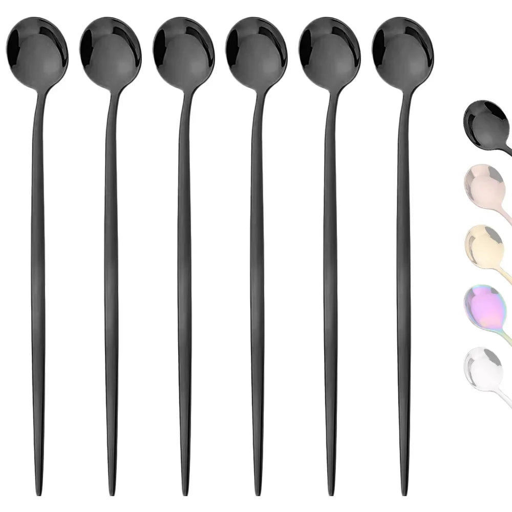 6Pcs Gold Ice Spoon Set – Long Handle Stainless Steel Coffee & Tea Stir Spoons