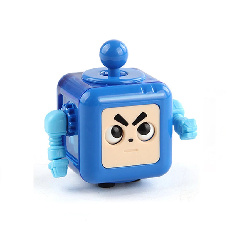 Blue fidget cube with a cartoon face on a white background