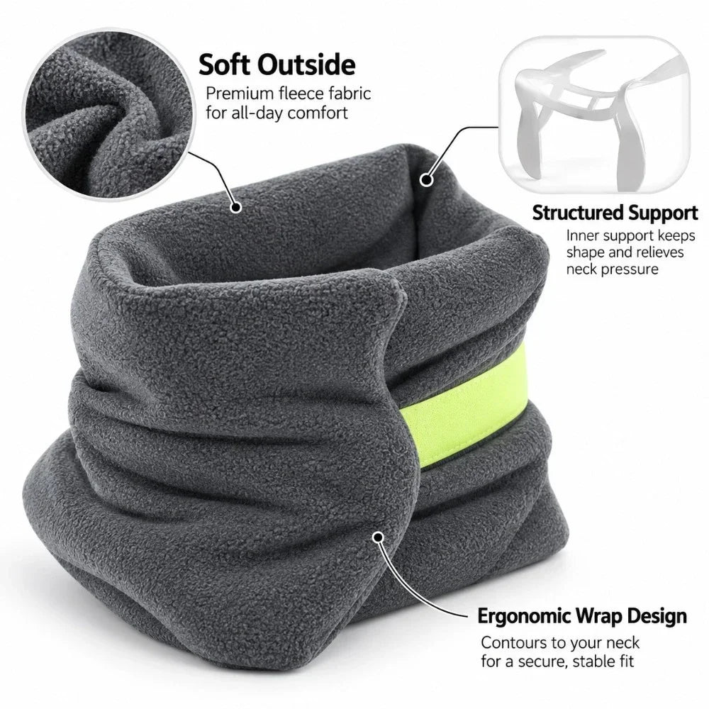 Dark gray fleece neck warmer with a bright yellow-green reflective band, shown with callout text and inset graphics explaining soft outside, structured support, and ergonomic wrap design.