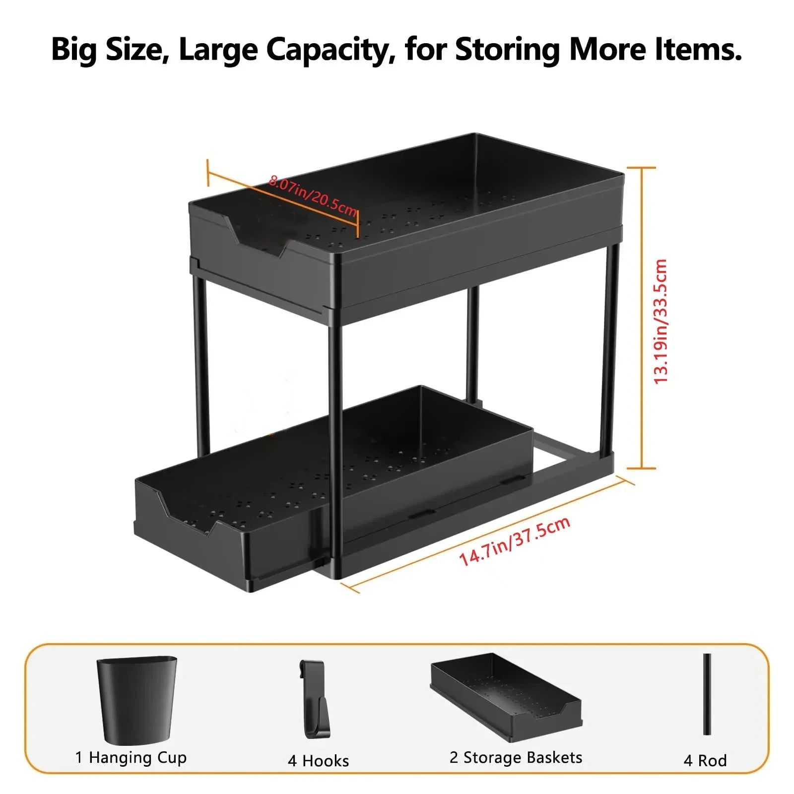 2 Tier Under Sink Organizer Sliding Cabinet Storage Rack with Hooks