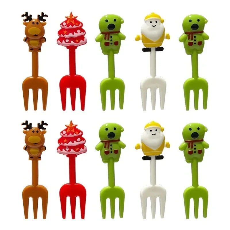 Christmas Fruit Fork Set Santa, Snowman & Elk Cupcake Toppers Decorations