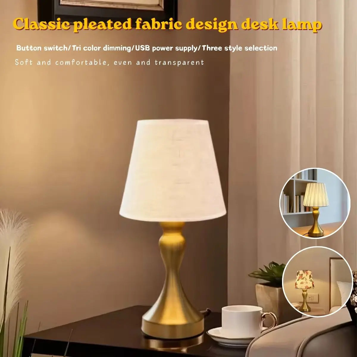 Nordic Retro Desk Lamp with Fabric Shade & USB Light