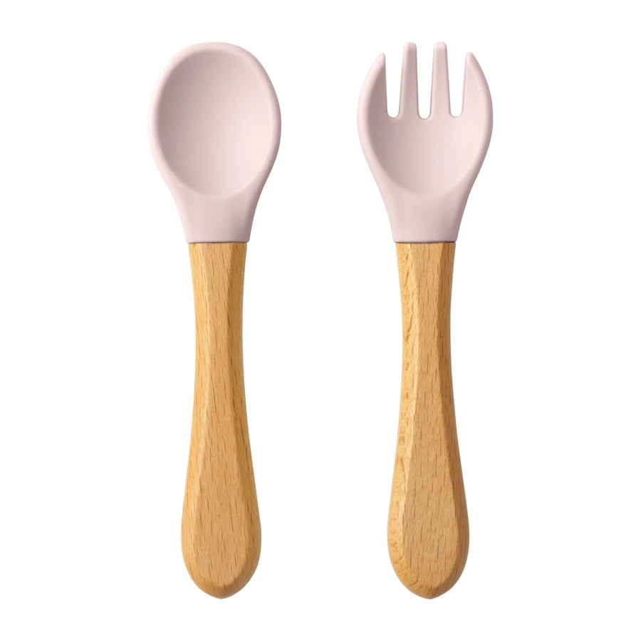 2PCS Baby Learning Spoon & Fork Set Wooden Handle Silicone Cutlery