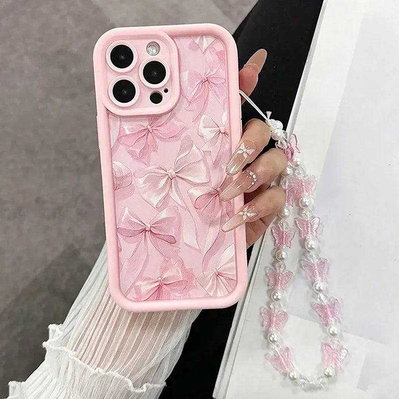 Pink Bow Silicone Case for iPhone 11 12 13 14 15 16 17 Pro Max