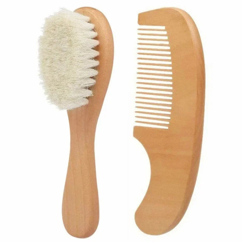 Newborn Baby Wooden Hair Brush & Comb Set Soft Wool Brush