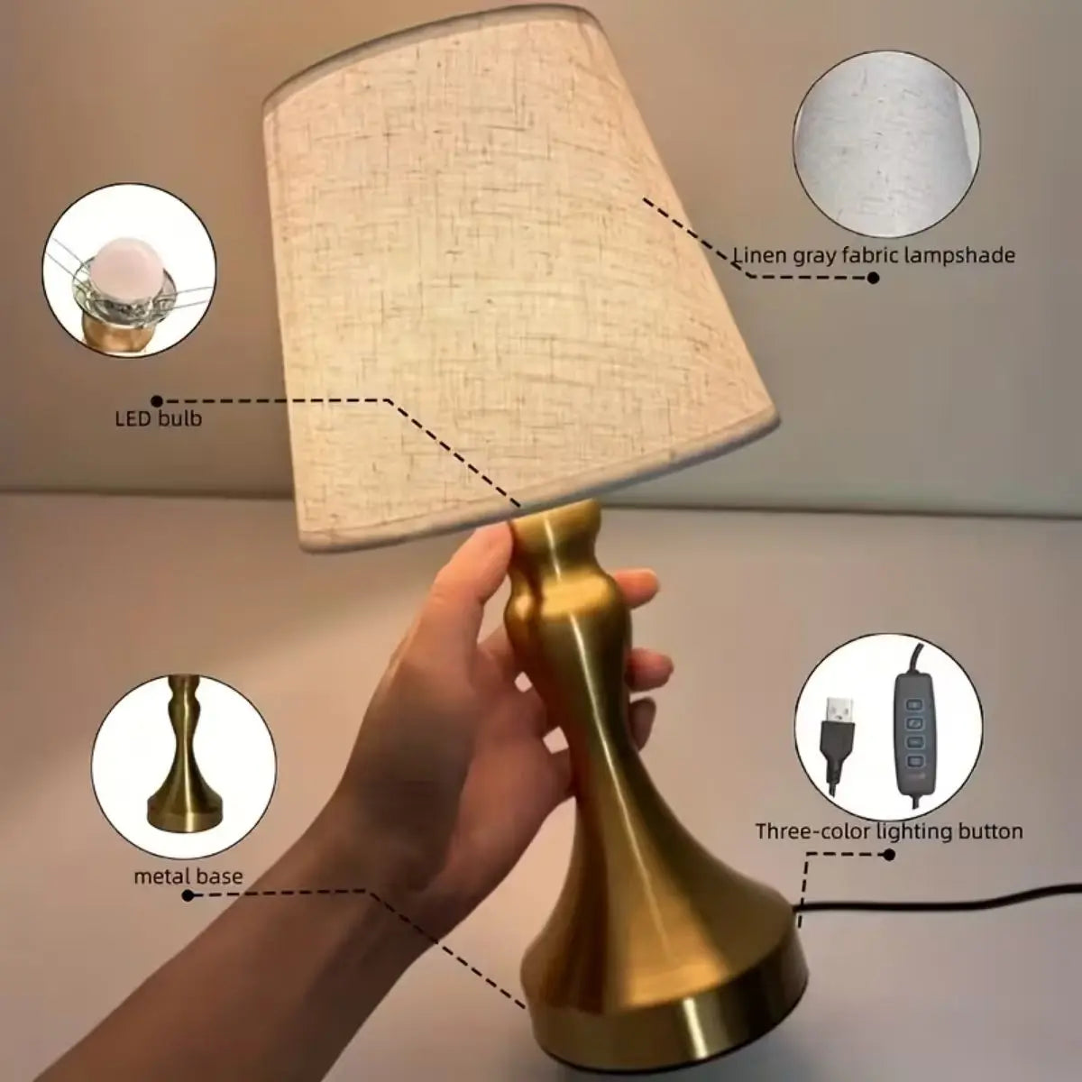 Nordic Retro Desk Lamp with Fabric Shade & USB Light