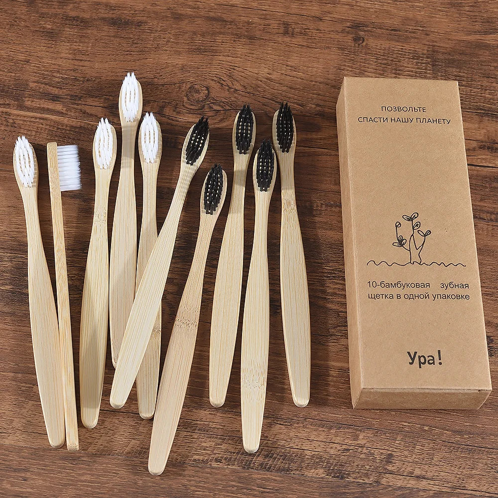 10PCS Bamboo Toothbrush Set Soft Charcoal Bristle Eco Dental Care