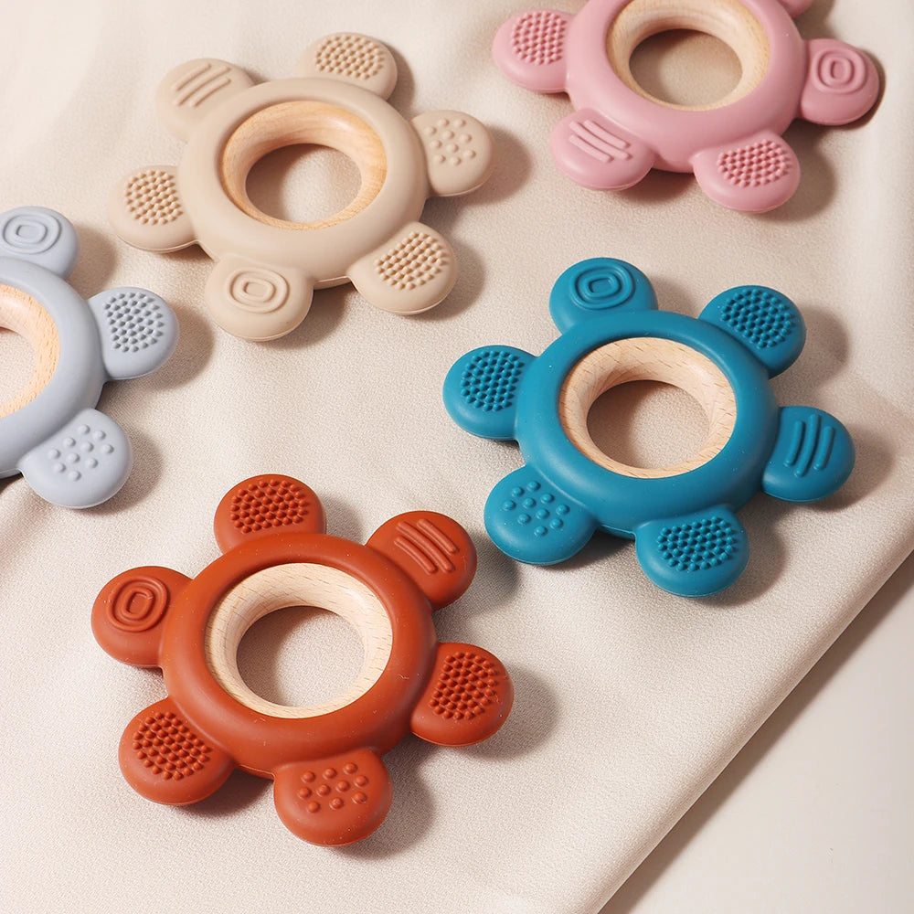Baby Wooden Flower Teether Food Grade Silicone Toy