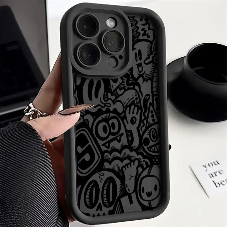 Black Graffiti Silicone Case for iPhone 11 12 13 14 15 16 Pro Max