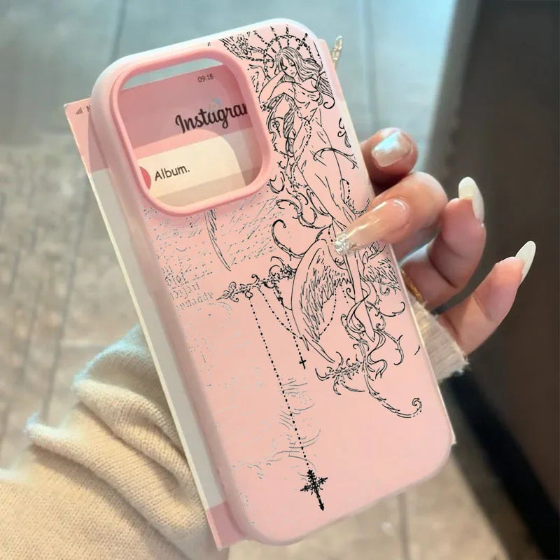 Gothic Angel Cross Line Phone Case for iPhone 11 12 13 14 15 16 17