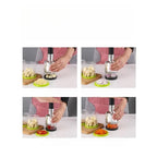 four step guide demonstrating how to use the manual chopper to cut onions nuts and herbs easily