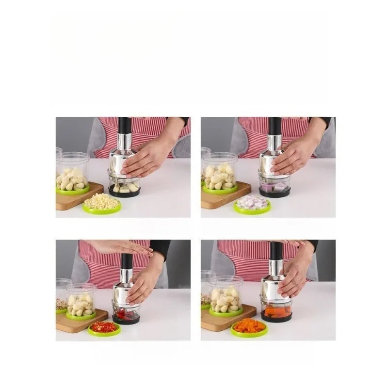 four step guide demonstrating how to use the manual chopper to cut onions nuts and herbs easily