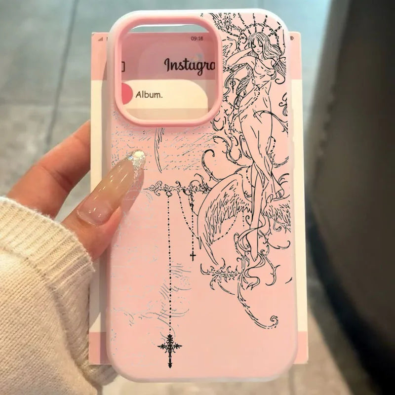 Gothic Angel Cross Line Phone Case for iPhone 11 12 13 14 15 16 17