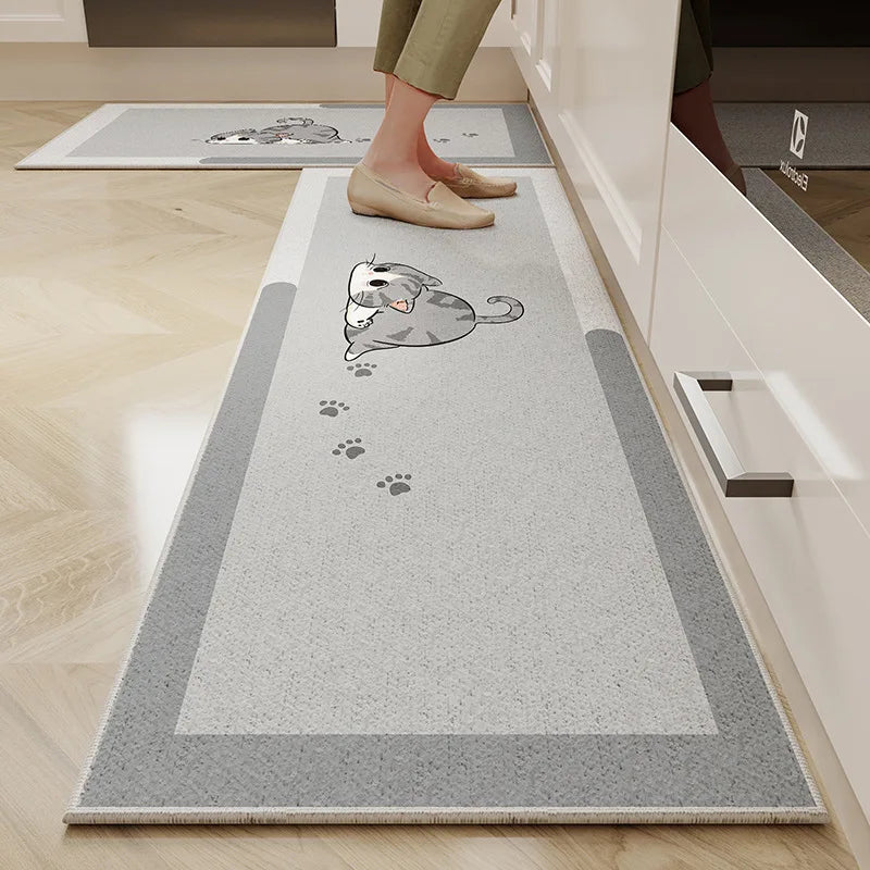 VIKAMA Kitchen Floor Mat Cartoon Dirt Resistant Non-Slip Velvet Carpet