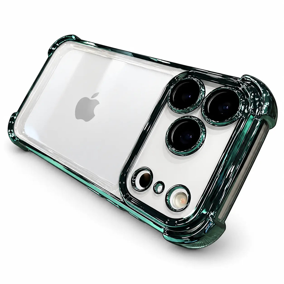 A clear protective phone case with a glossy dark green metallic bumper frame, shown fitted on a white iPhone. The case is photographed on a clean white background. Main image