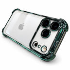 A clear protective phone case with a glossy dark green metallic bumper frame, shown fitted on a white iPhone. The case is photographed on a clean white background.