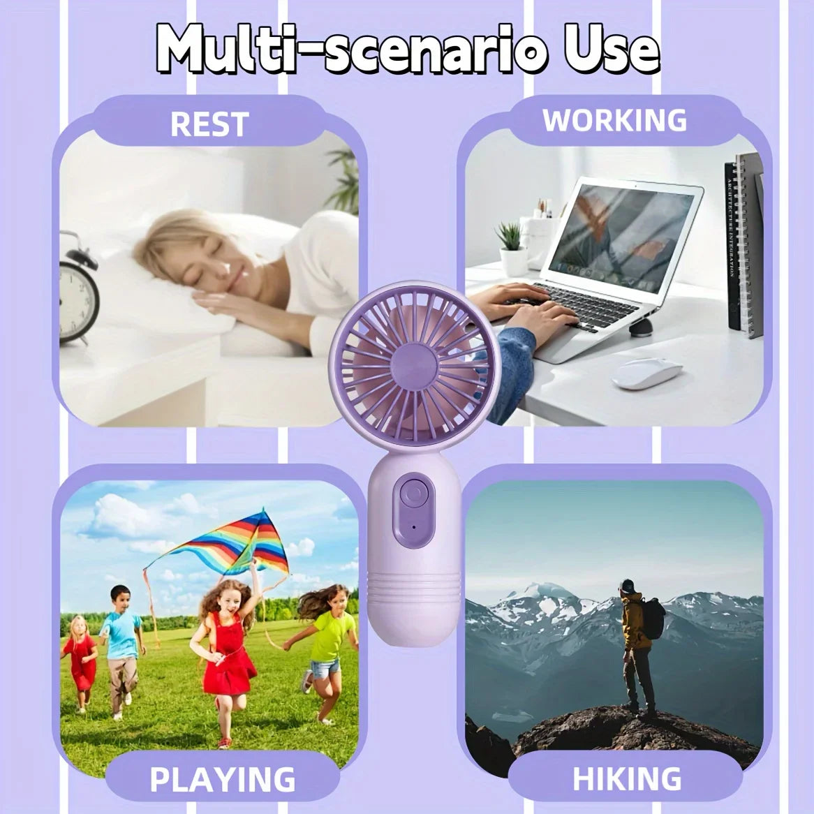 USB rechargeable mini handheld fan by PennyHaul with three-speed settings, compact portable design, and ergonomic grip.