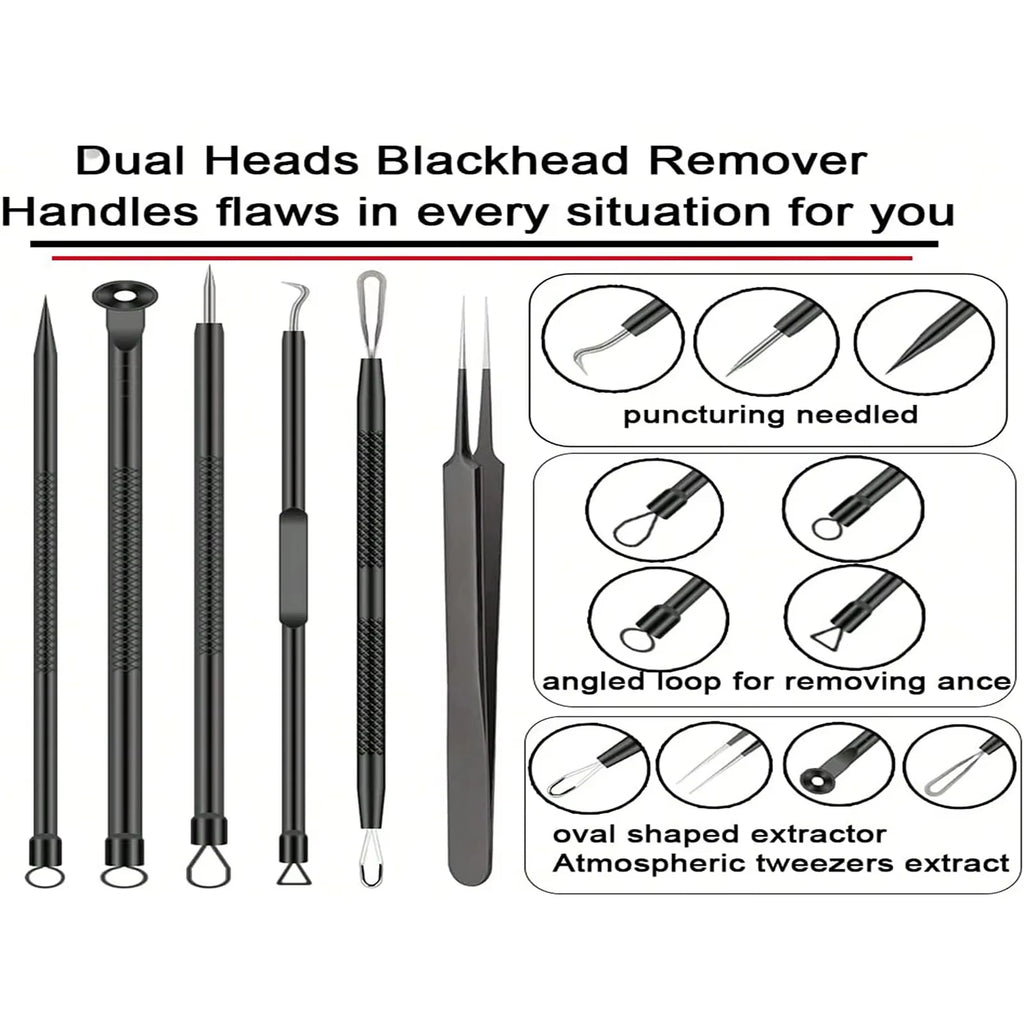 acne needle clip tool diagram showing different extractor tips for nose pore cleaning and pimple popping
