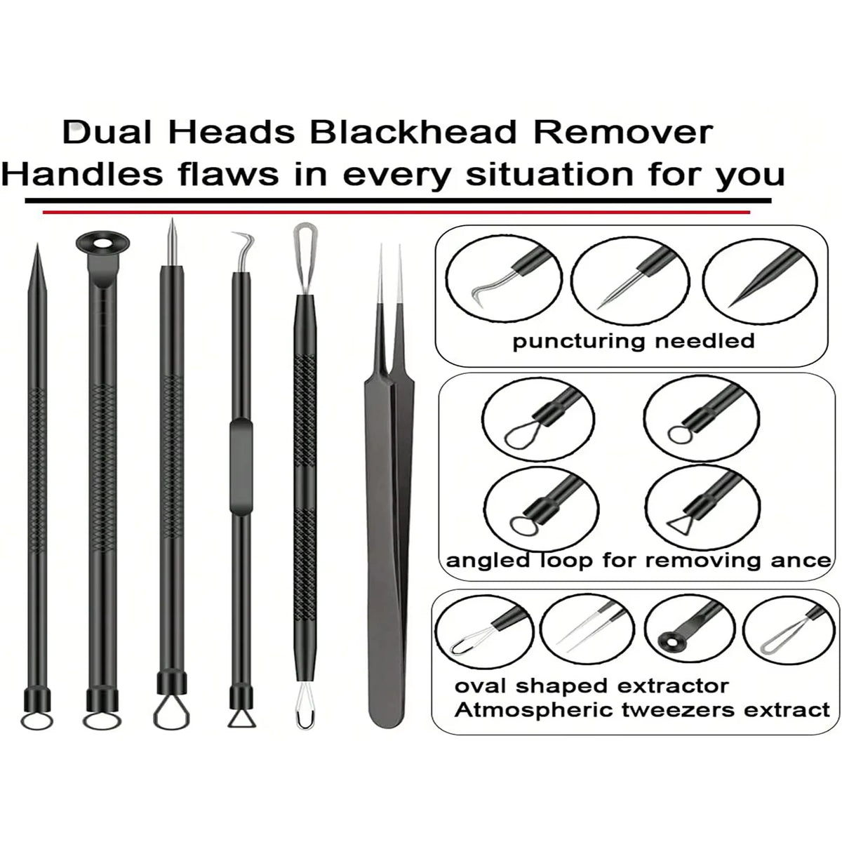 acne needle clip tool diagram showing different extractor tips for nose pore cleaning and pimple popping