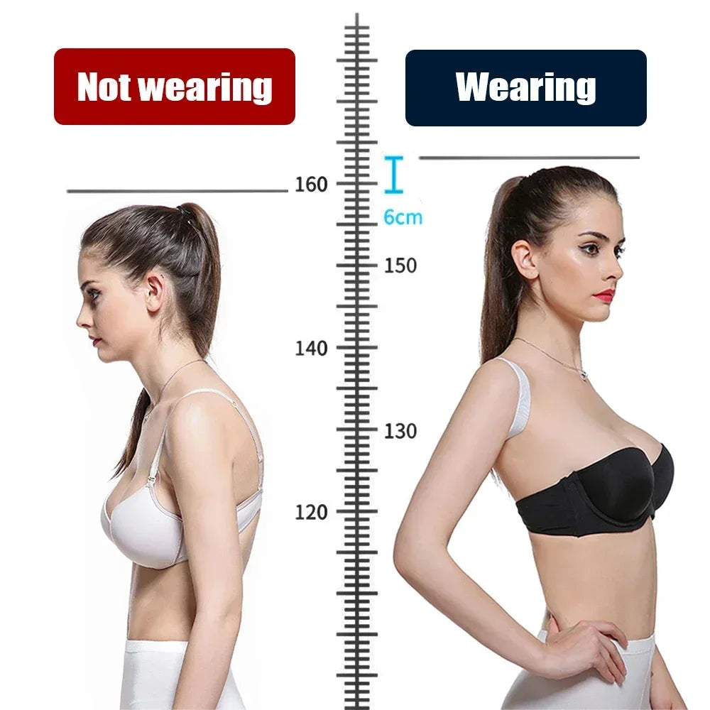 adjustable back posture corrector before and after side view showing improved standing posture alignment
