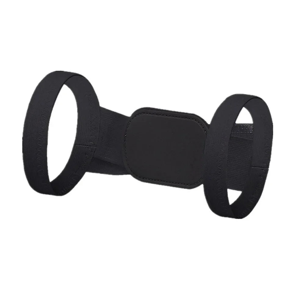 black adjustable back posture corrector strap laid flat displaying durable elastic shoulder support