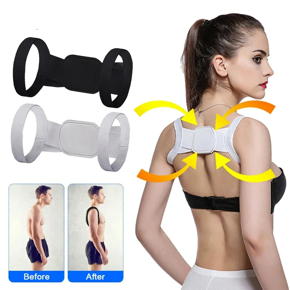 adjustable back posture corrector worn by woman pulling shoulders back for spine alignment support Main image