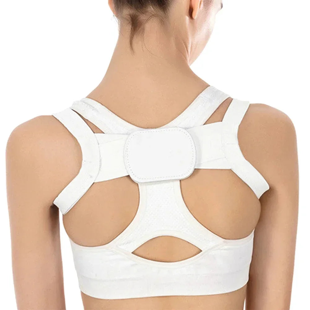 adjustable back posture corrector in white worn discreetly on upper back for shoulder posture support