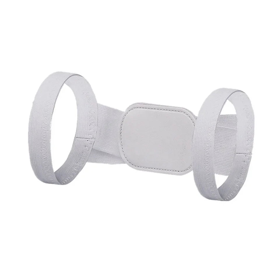 white adjustable back posture corrector strap laid flat showing lightweight stealth support design