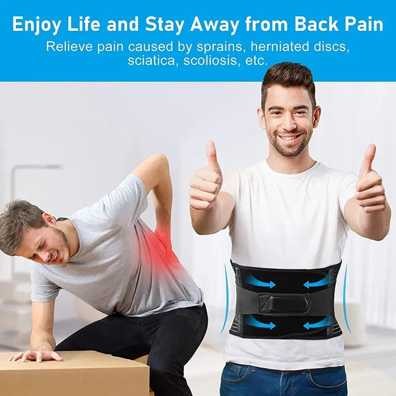 man using adjustable lumbar support belt for safe heavy lifting and lower back posture support