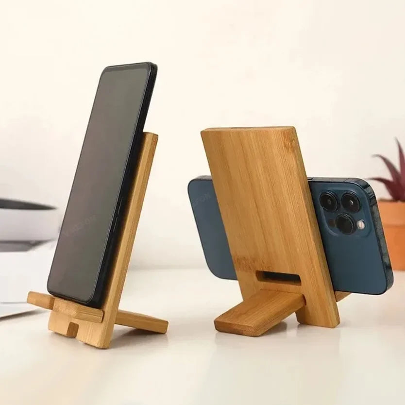 adjustable wooden phone stand displaying vertical and horizontal viewing angles for mobile devices