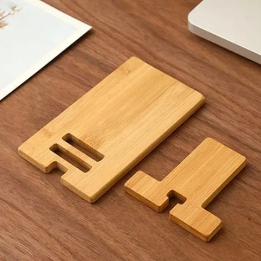 adjustable wooden phone stand folded flat showing two detachable timber parts for portable travel