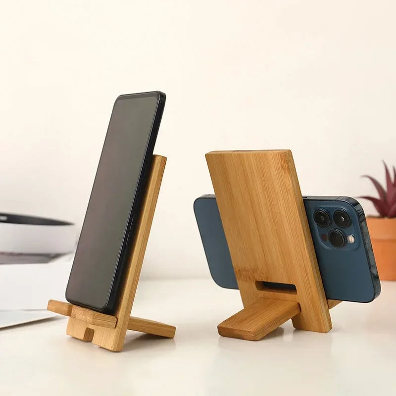 adjustable wooden phone stand side view showing sturdy tilted angle for comfortable desk viewing