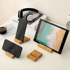 adjustable wooden phone stand holding smartphone and small tablet for versatile workspace use