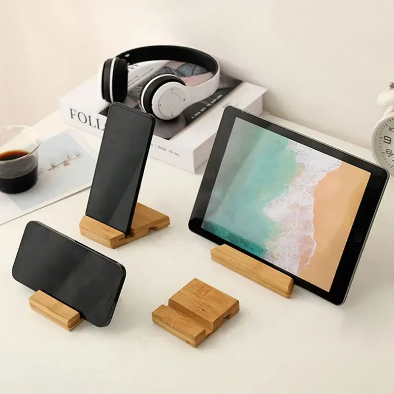 adjustable wooden phone stand holding smartphone and small tablet for versatile workspace use