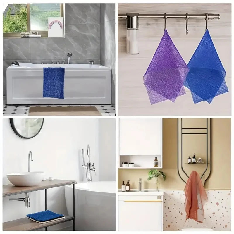 african exfoliating sponge mesh towels hanging in bathroom for quick drying and hygienic bath scrubber storage