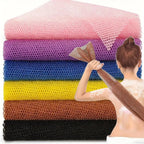 african exfoliating sponge mesh towel held across back for body scrub and deep pore cleansing shower care