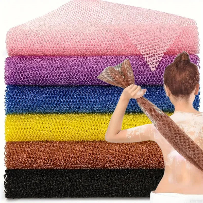 african exfoliating sponge mesh towel held across back for body scrub and deep pore cleansing shower care