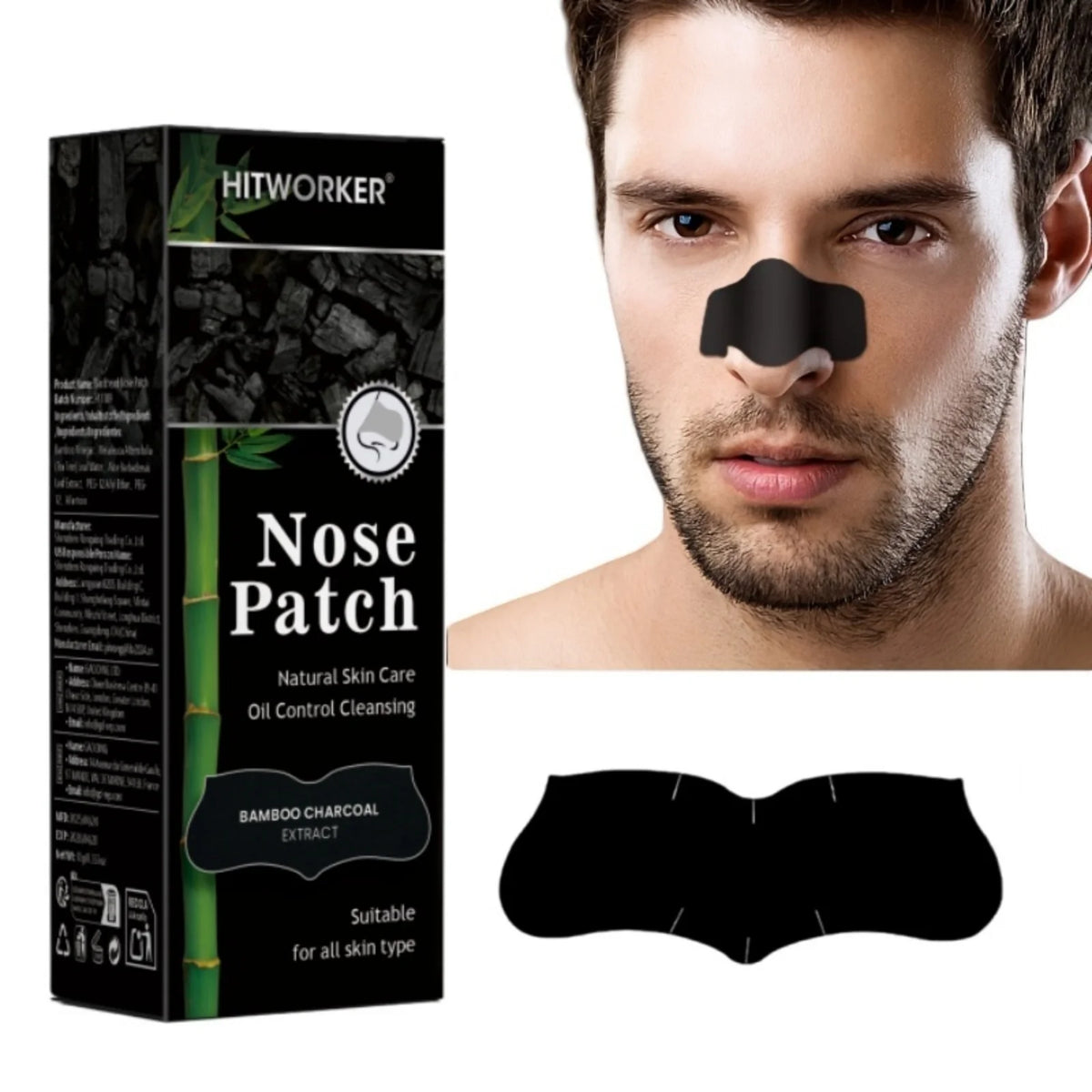 Alcohol-Free Nose Cleaning Patches green box packaging and male model nose application for clear oil-free skin