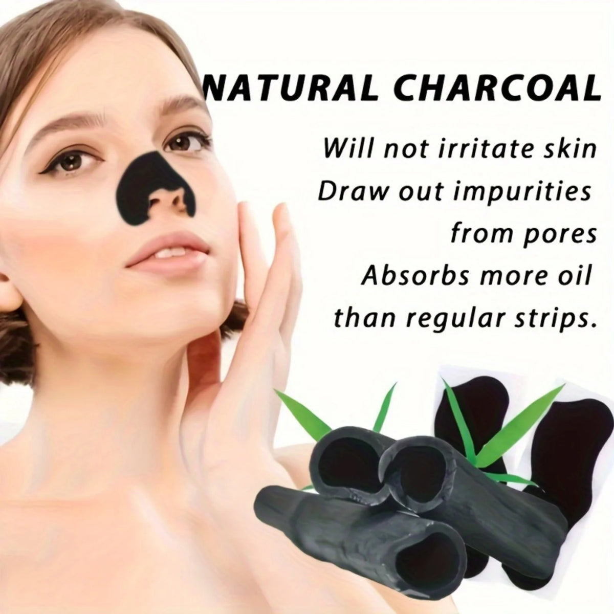Alcohol-Free Nose Cleaning Patches natural bamboo charcoal ingredient highlight with female model for gentle exfoliation